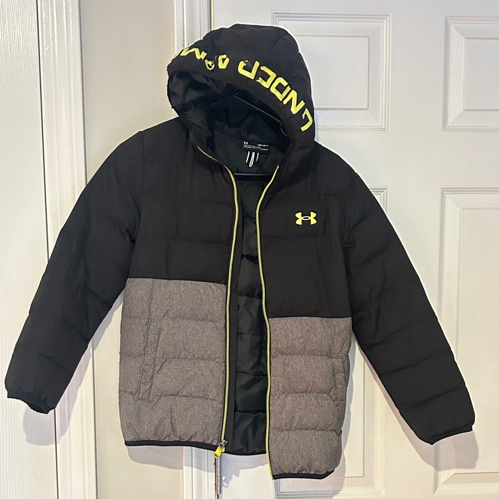 Under Armour Black and Gray Hooded Jacket with Yellow Accents